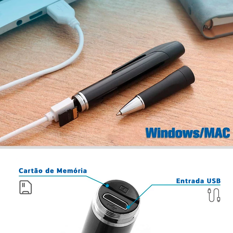 Caneta Espiã com escuta e Câmera 1080P filma tira foto Grava/SecretPen - Caulog Store